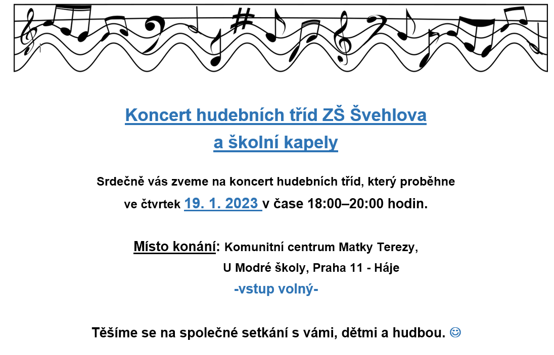 Pozvánka - Koncert hudebních tříd ZŠ Švehlova a školní kapely, níže odkaz ve formátu PDF