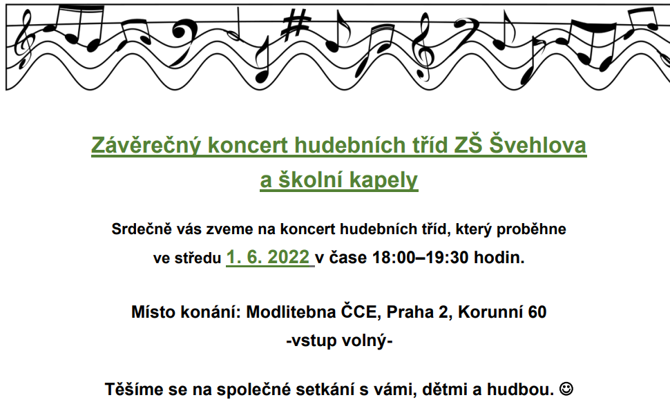 Závěrečný koncert hudebních tříd ZŠ Švehlova a školní kapely, níže odkaz ve formátu PDF